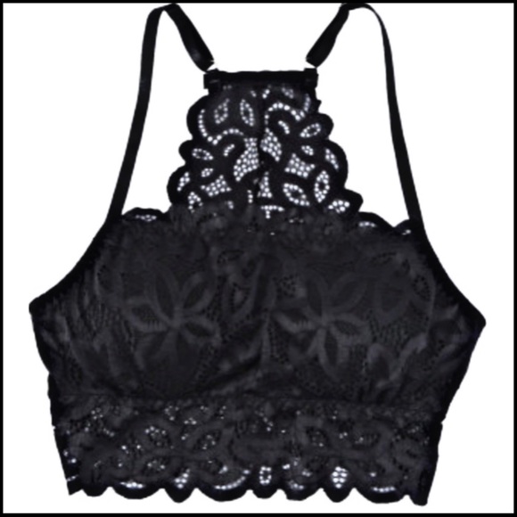 BLACK LACE FLORAL CROCHET SPAGHETTI-STRAP BRALETTE Size Small - Picture 5 of 13